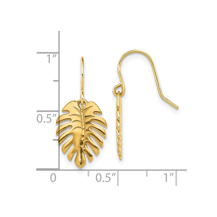 14K Yellow Gold Palm Leaf Dangle Earrings Image 4