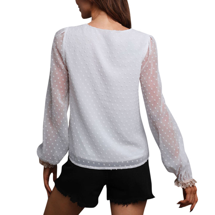 Elegant Blouse Women Long Sleeve V Neck Tops Summer Autumn Office Lady Shirt Lace Patchwork Chiffon Blouses Female Top Image 3