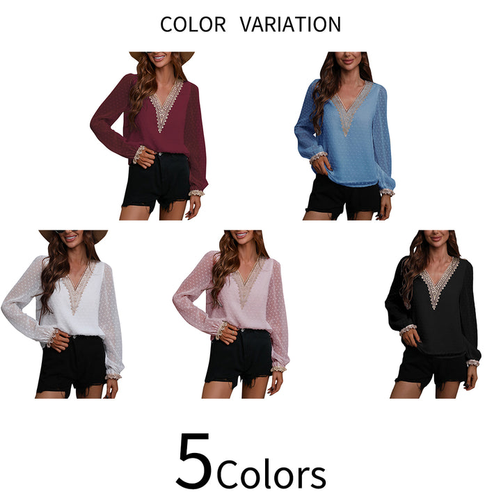 Elegant Blouse Women Long Sleeve V Neck Tops Summer Autumn Office Lady Shirt Lace Patchwork Chiffon Blouses Female Top Image 4