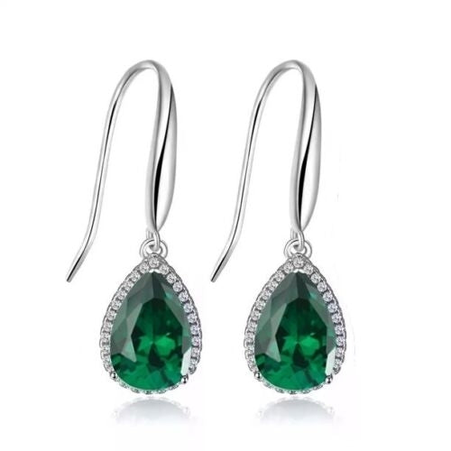 Paris Jewelry 14k White Gold 2 Ct Created Emerald Teardrop CZ Earrings Plated Image 1