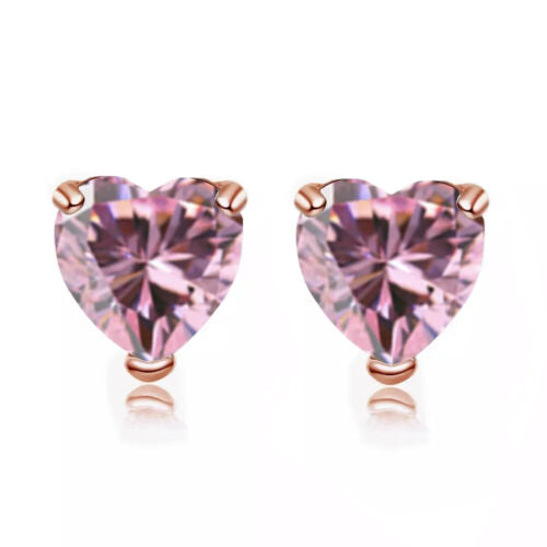 Paris Jewelry 24k Rose Gold Plated Over Sterling Silver 3 Carat Heart Created Pink Sapphire CZ Stud Earrings Image 1