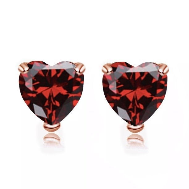Paris Jewelry 24k Rose Gold Plated Over Sterling Silver 4 Carat Heart Created Garnet CZ Sapphire Stud Earrings Image 1