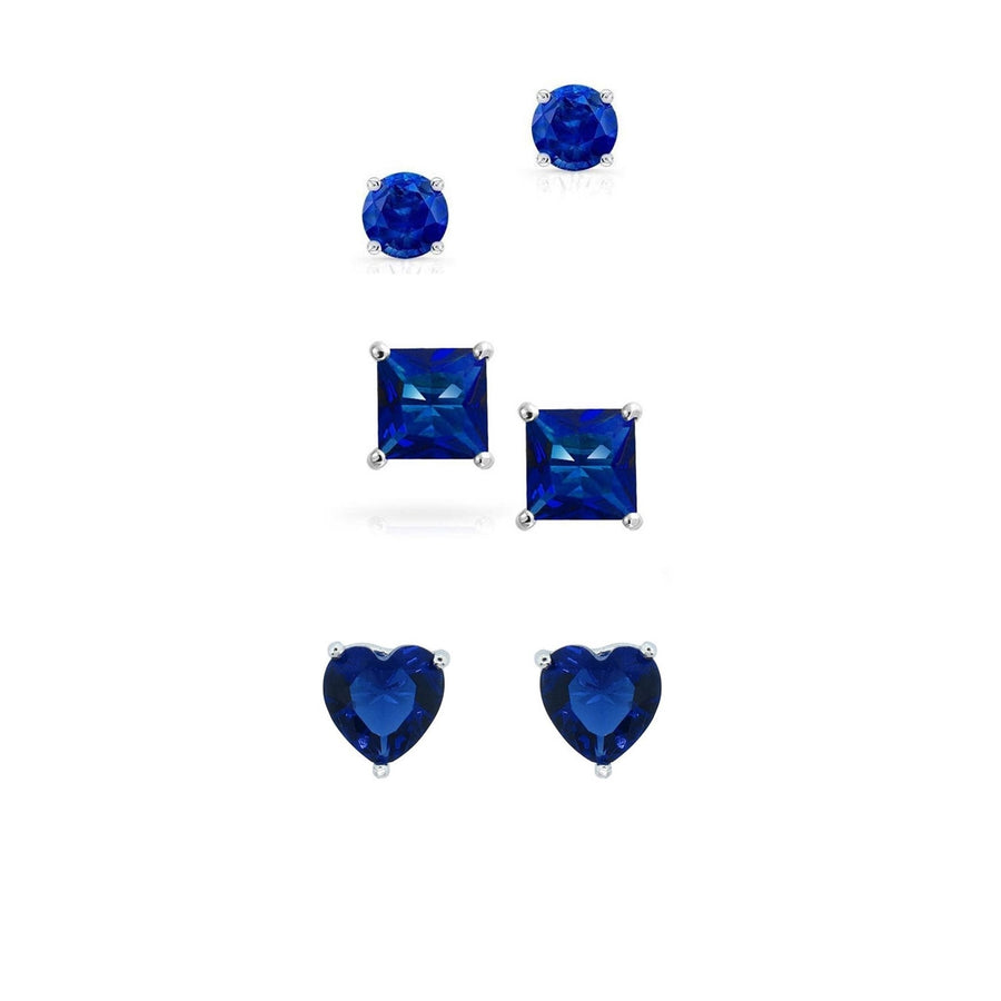 18k White Gold 4Cttw Created Blue Sapphire 3 Pair Round Square and Heart CZ Stud Earrings Plated Image 1