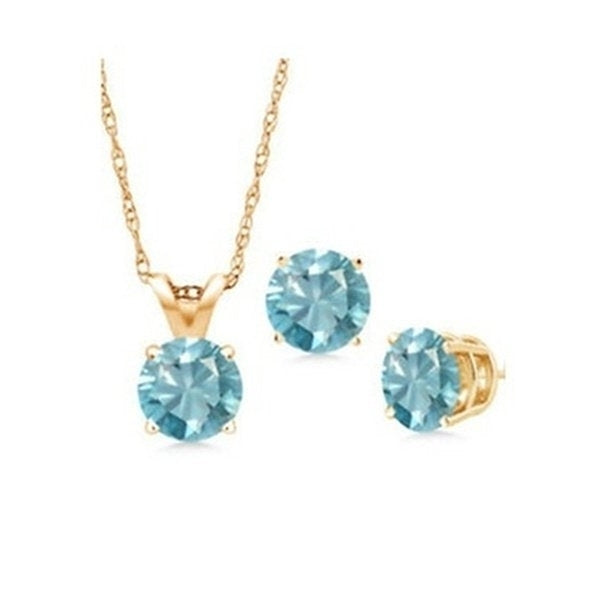 Paris Jewelry 18K Yellow Gold 4ct Created Aquamarine CZ Round 18 Inch Necklace and Earrings Set Plated Image 1