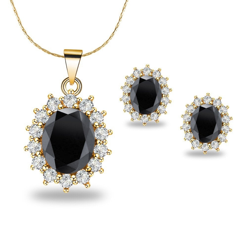 Paris Jewelry 18K Yellow Gold Created Black Sapphire CZ Round 3 Carat Oval Necklace Plated 18 inch Image 1