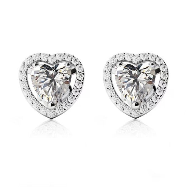 Paris Jewelry 10k White Gold Plated 1 Ct Created Halo Heart Created White Sapphire CZ Stud Earrings Image 1