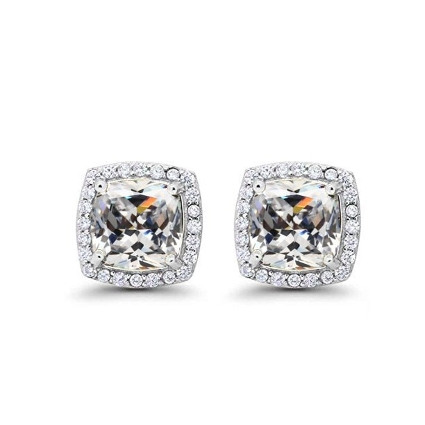 Paris Jewelry 18k White Gold 4 Ct Created Halo Princess Cut White Sapphire CZ Stud Earrings Plated Image 1
