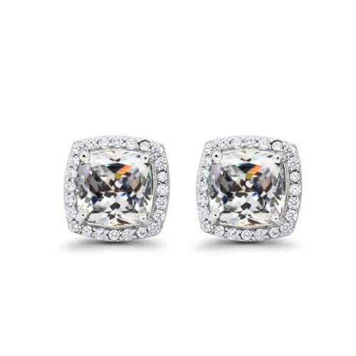 18k White Gold Plated 1 Ct Created Halo Princess CZ Cut White Sapphire Stud Earrings Image 1