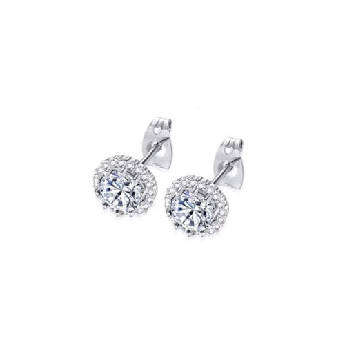 14k White Gold Plated 2 Ct Created Halo Round White Sapphire CZ Stud Earrings Image 1