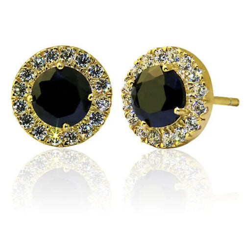18K Yellow Gold Plated Halo Created Black Sapphire CZ Round 3CT Stud Earrings Image 1