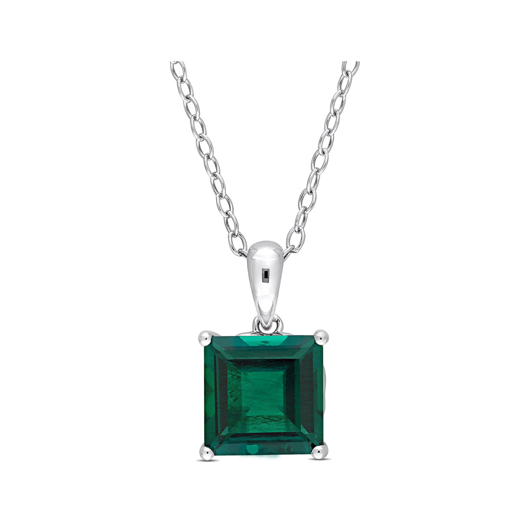 2.55 Carat (ctw) Lab-Created Emerald Princess Solitaire Pendant Necklace in Sterling Silver with Chain Image 1