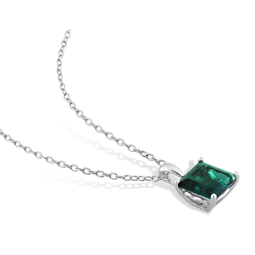 2.55 Carat (ctw) Lab-Created Emerald Princess Solitaire Pendant Necklace in Sterling Silver with Chain Image 3