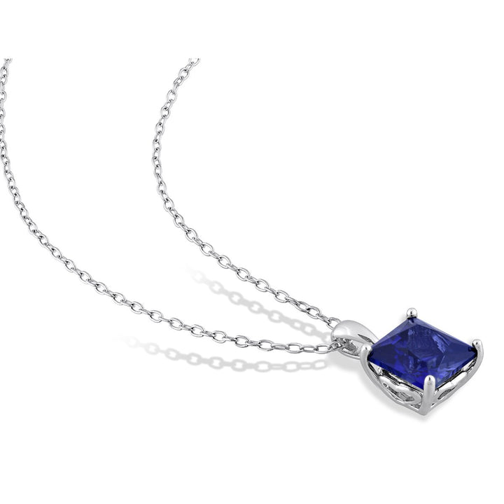 3.06 Carat (ctw) Lab-Created Blue Sapphire Princess Solitaire Pendant Necklace in Sterling Silver with Chain Image 4