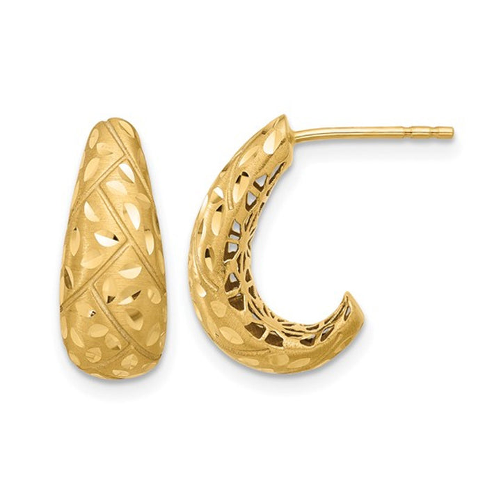 14K Yellow Gold Satin and Diamond-cut J-Hoop Earrings Image 1