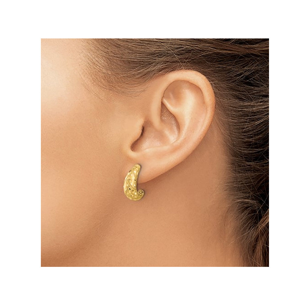 14K Yellow Gold Satin and Diamond-cut J-Hoop Earrings Image 3