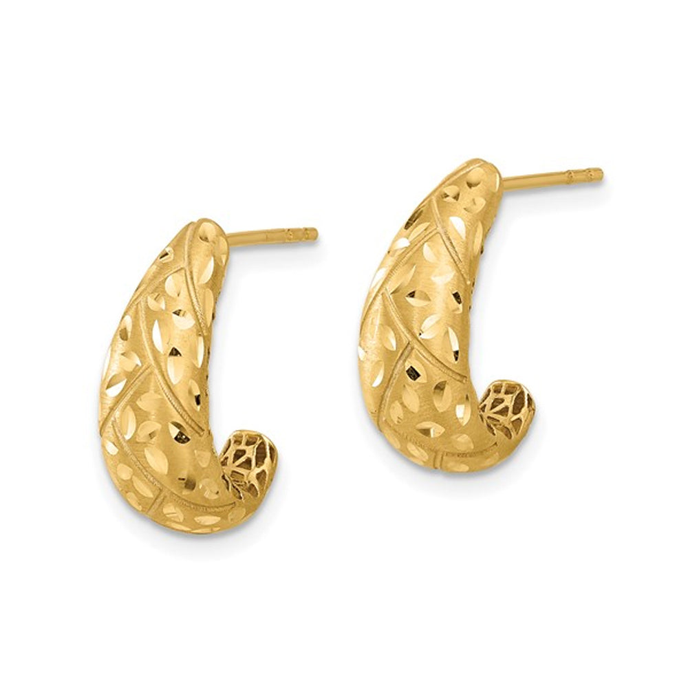 14K Yellow Gold Satin and Diamond-cut J-Hoop Earrings Image 4