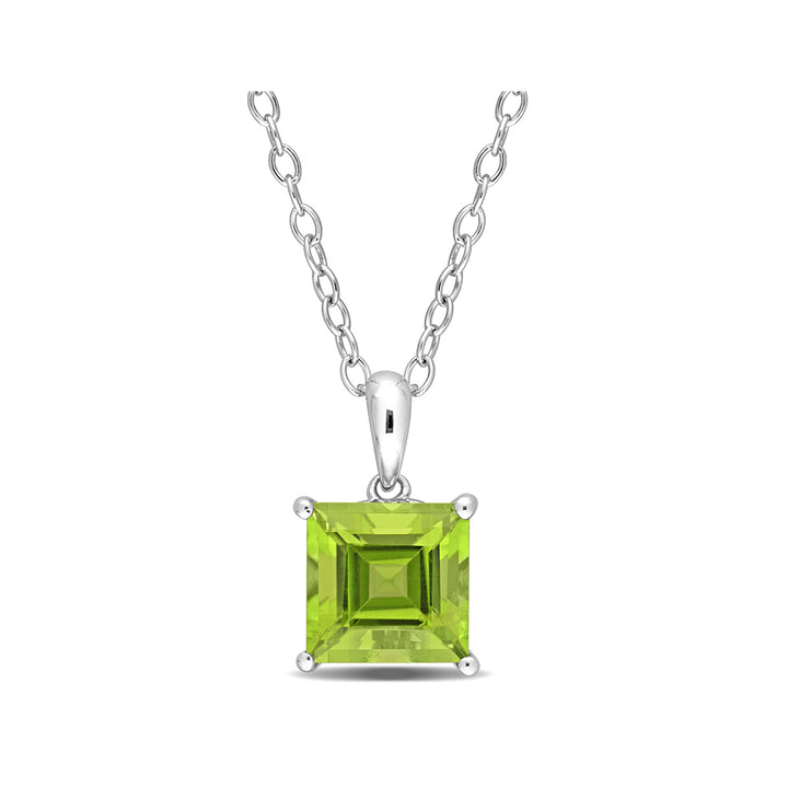2.70 Carat (ctw) Princess-Cut Peridot Solitaire Pendant Necklace in Sterling Silver with Chain Image 1