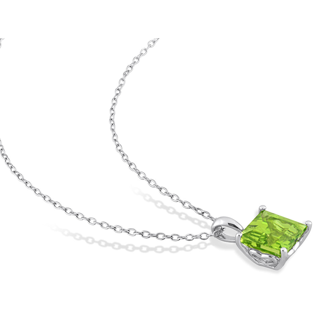 2.70 Carat (ctw) Princess-Cut Peridot Solitaire Pendant Necklace in Sterling Silver with Chain Image 3