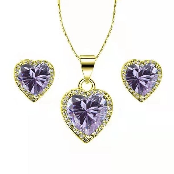 Paris Jewelry 18k Yellow Gold Heart 3 Ct Created Tanzanite CZ Full Set Necklace 18 inch Plated Image 1