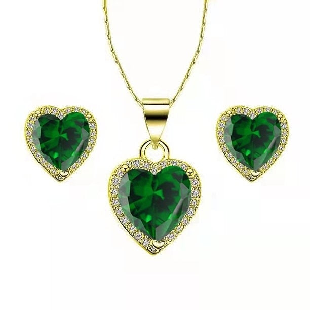 Paris Jewelry 18k Yellow Gold Heart 4 Ct Created Emerald CZ Full Set Necklace 18 inch Plated Image 1