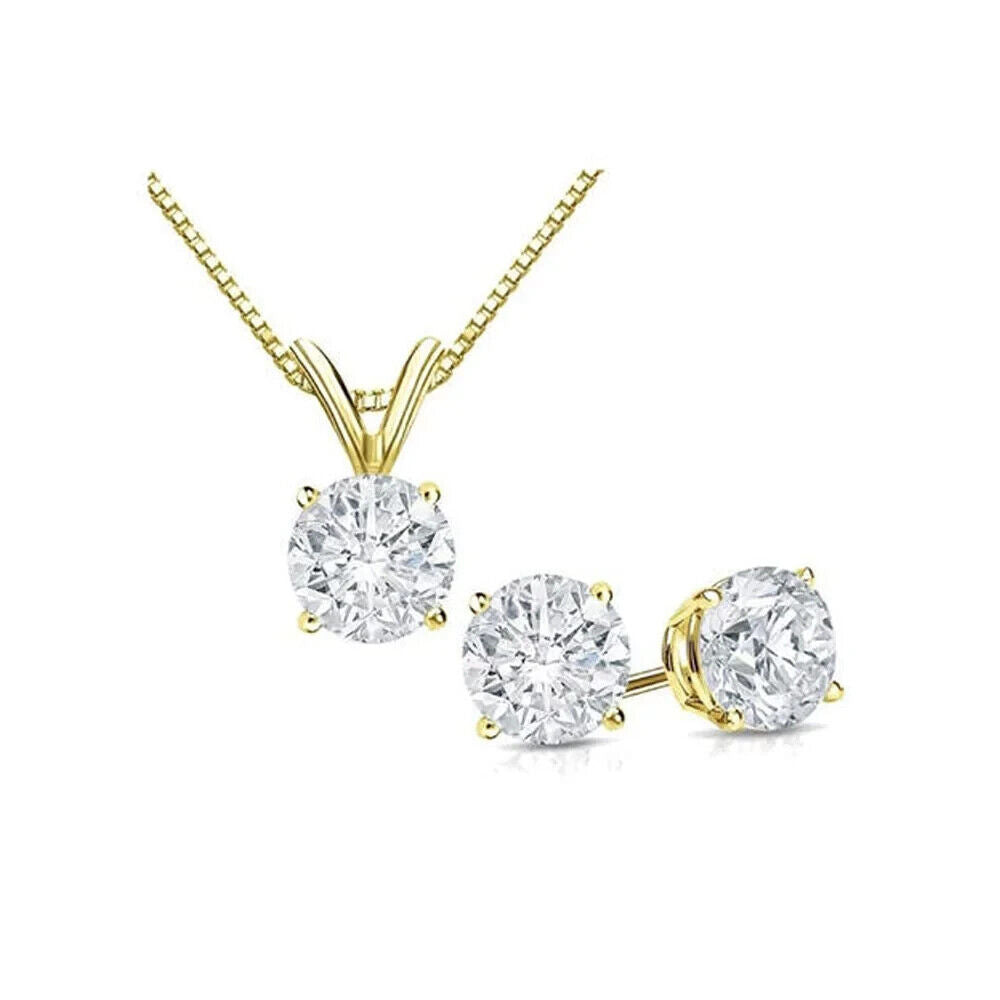 Paris Jewelry 18K Yellow Gold Round 1ct Created White Sapphire CZ Round 18 Inch Necklace and Earrings Set Plated By Image 1