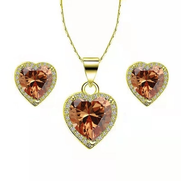 Paris Jewelry 14k Yellow Gold Heart 4Ct Created Tourmaline CZ Full Set Necklace 18 inch Plated Image 1