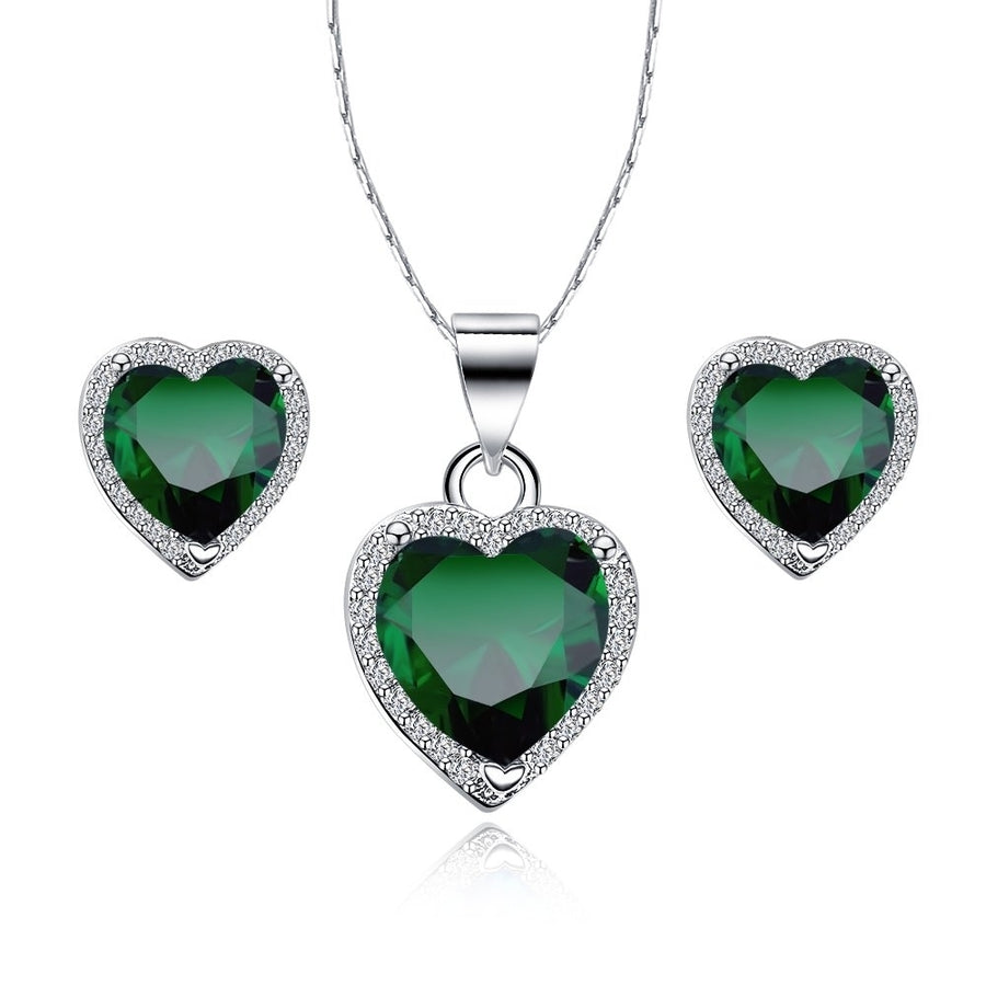Paris Jewelry 18k White Gold Plated Heart 3 Carat Created Emerald CZ Full Set Necklace 18 inch Image 1