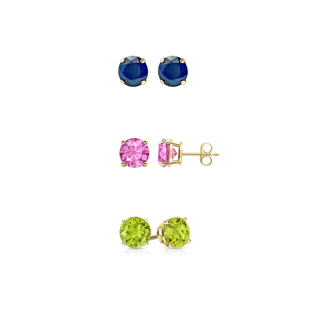 Paris Jewelry 14k Yellow Gold 1Ct Created Blue Sapphire, Pink Sapphire and Peridot CZ 3 Pair Round Stud Earrings Plated Image 1