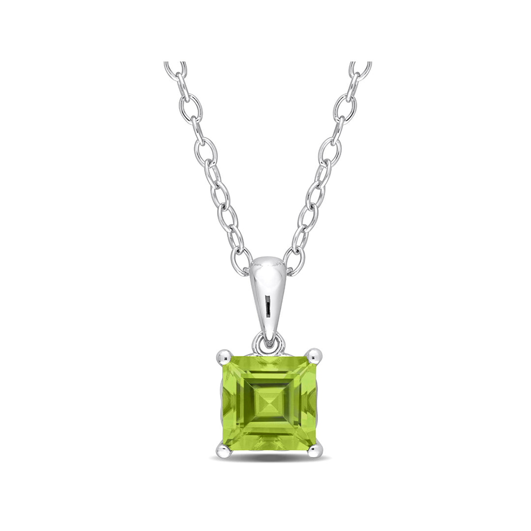 1.20 Carat (ctw) Peridot Princess Solitaire Pendant Necklace in Sterling Silver with Chain Image 1