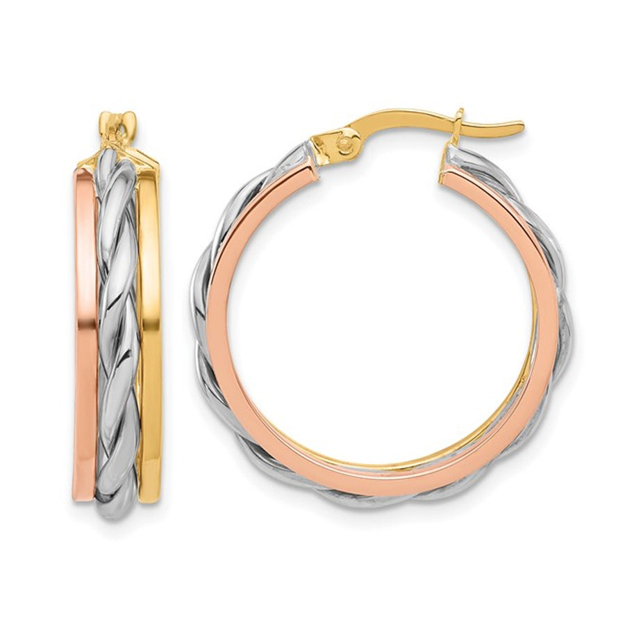 14K Yellow, White and Rose Gold Twist Polished Hoop Earrings Image 1