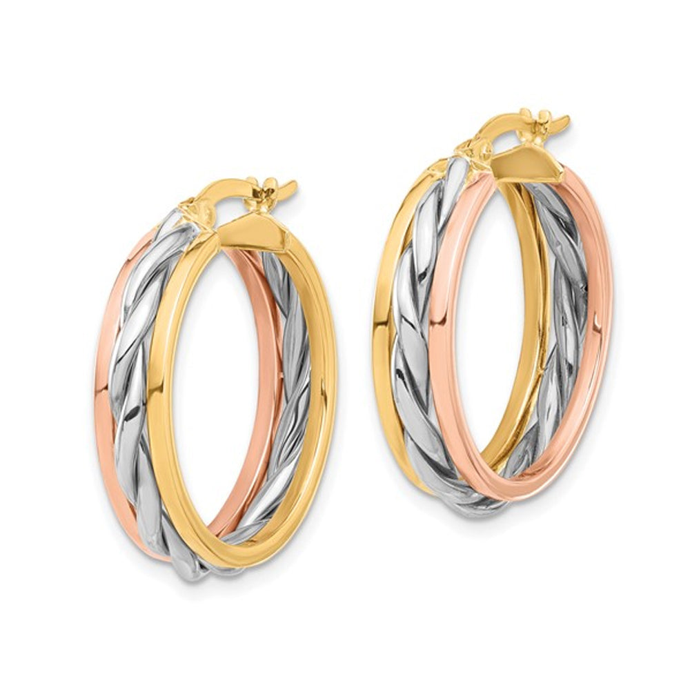 14K Yellow, White and Rose Gold Twist Polished Hoop Earrings Image 2