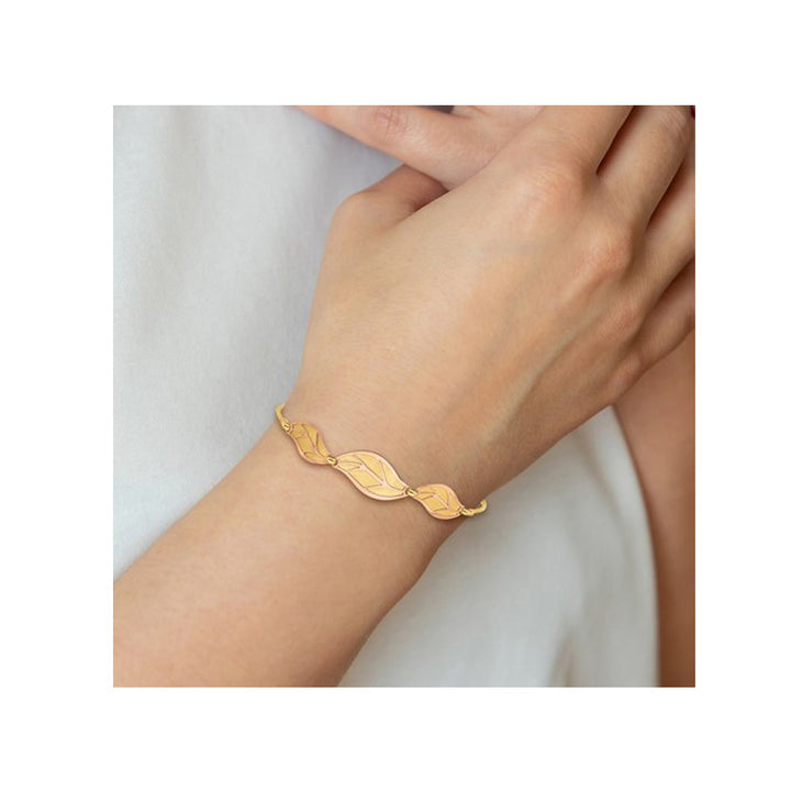 14K Yellow Gold Polished and Brushed Leaf Charm Bracelet Image 4