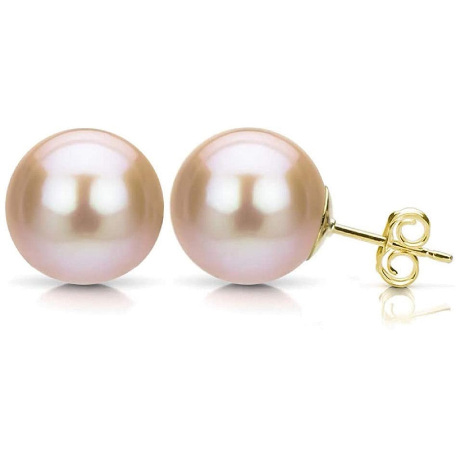 Paris Jewelry 10K Yellow Gold Plated 10 mm Pink Pearl Round Stud Earrings Image 1