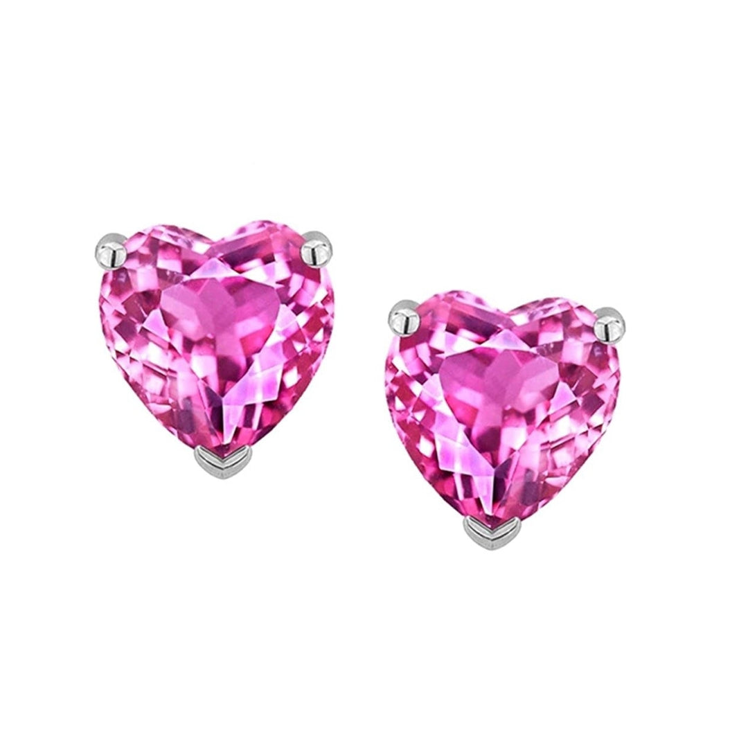 Paris Jewelry 14k White Gold Plated Over Sterling Silver 3 Carat Heart Created Pink Sapphire CZ Stud Earrings Image 1
