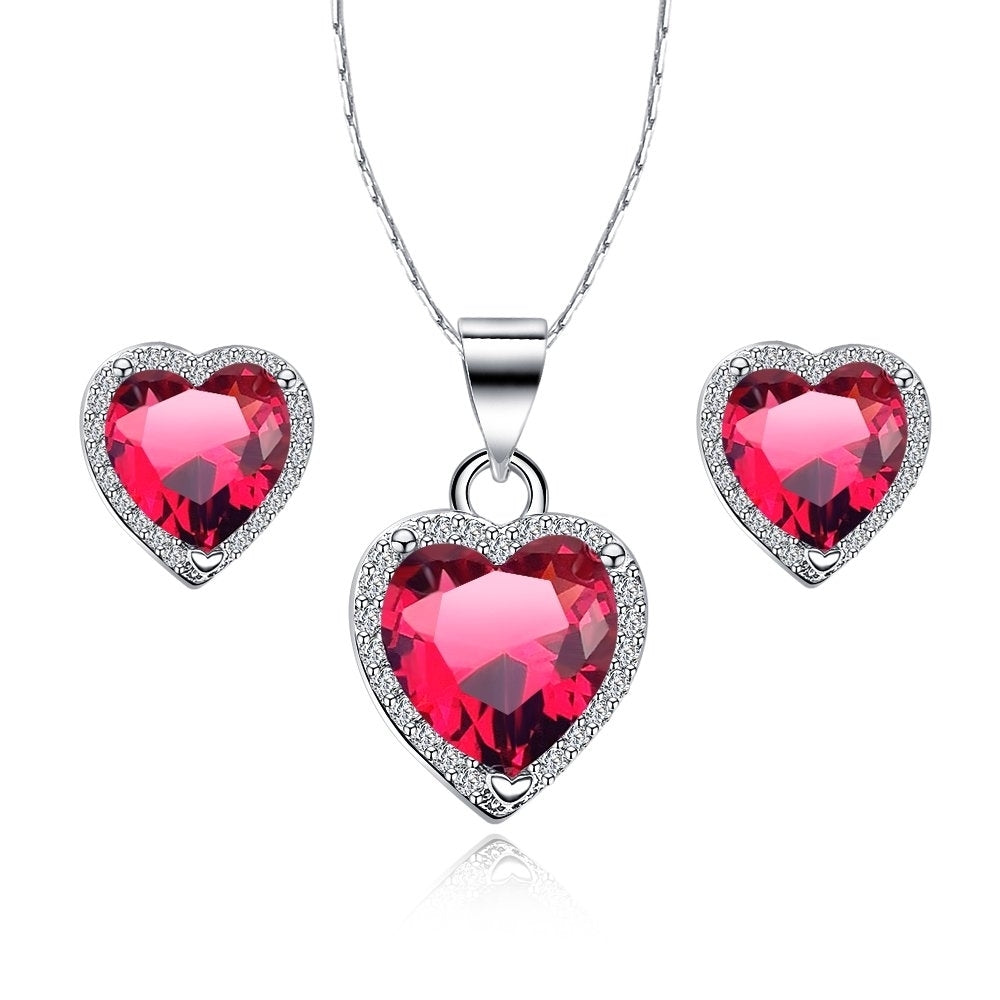 Paris Jewelry 18k White Gold Plated Heart 4 Carat Created Ruby CZ Full Set Necklace 18 inch Image 1