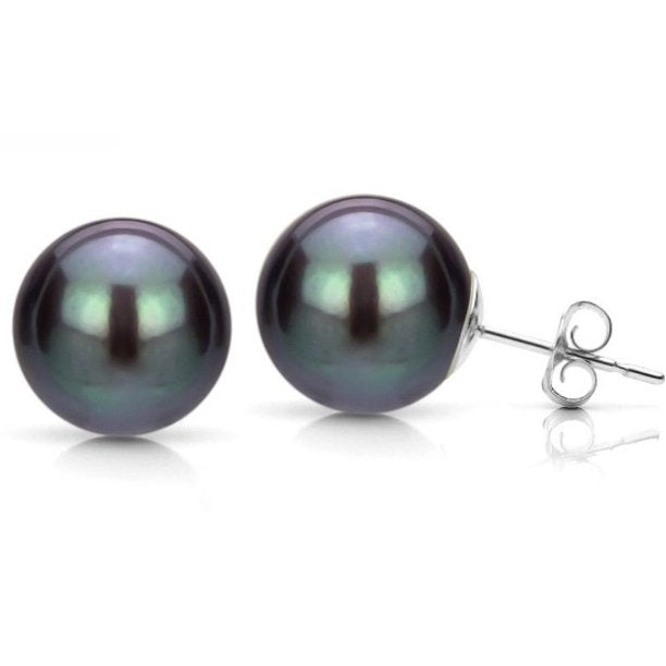 Paris Jewelry 10K White Gold Plated 10 mm Created Black Pearl Round Stud Earrings Image 1