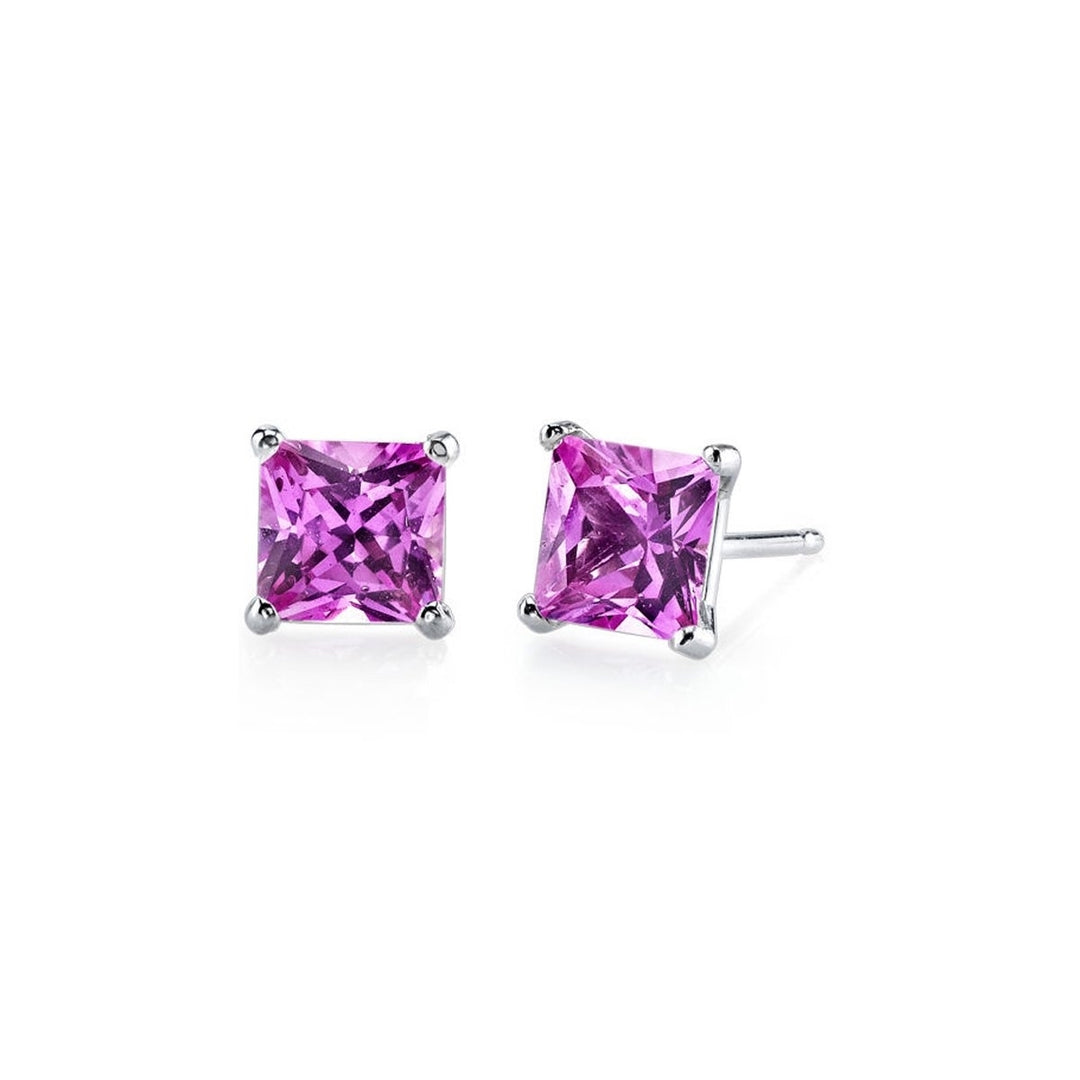 Paris Jewelry 10k White Gold Plated 1/2 Carat Princess Cut Created Pink Sapphire CZ Stud Earrings Image 1