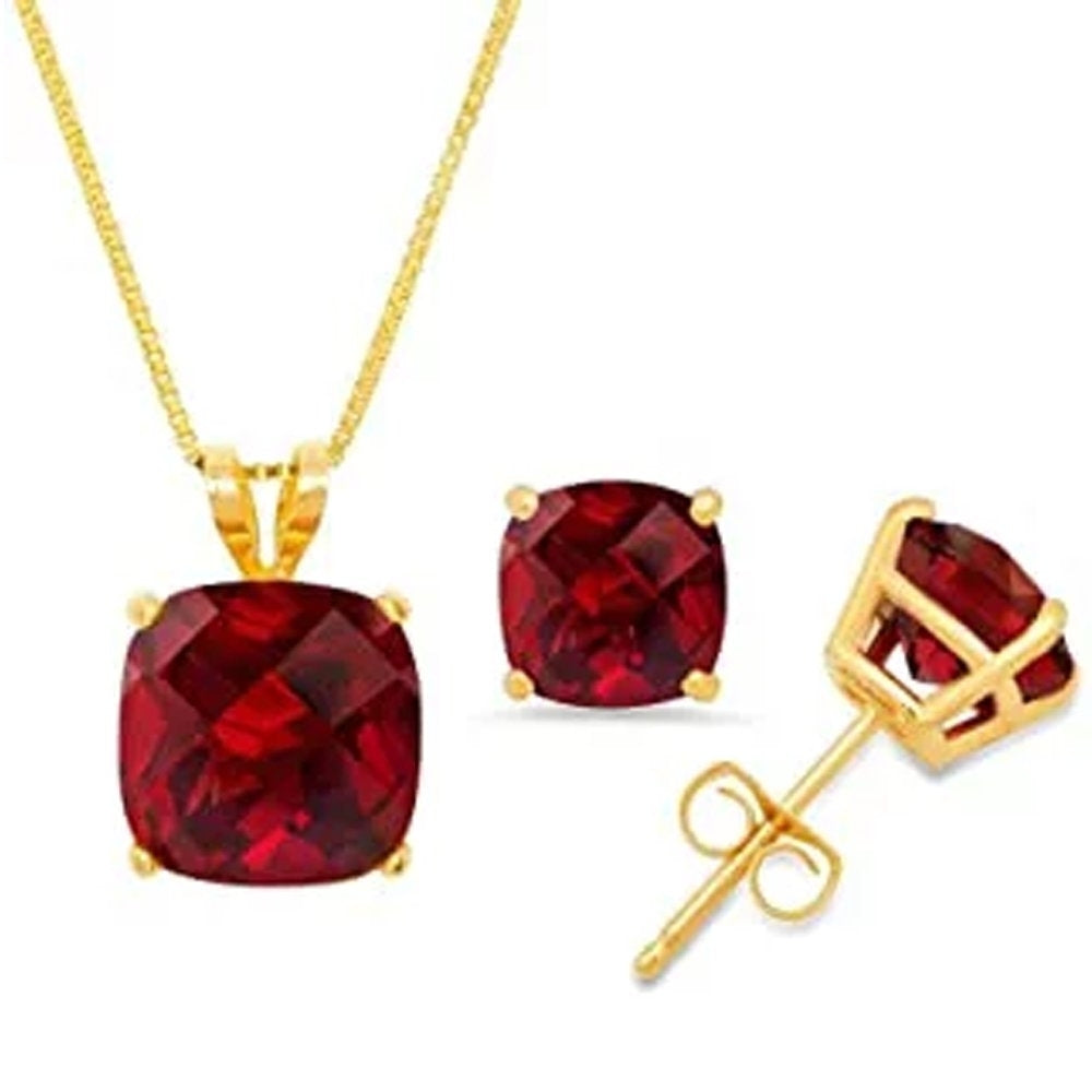 Paris Jewelry 18K Yellow Gold 1/2ct Created Garnet Square CZ 18 Inch Necklace and Earrings Set Plated Image 1