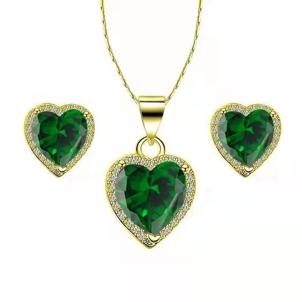 Paris Jewelry 24k Yellow Gold Heart 2 Ct Created Emerald CZ Full Set Necklace 18 inch Plated Image 1