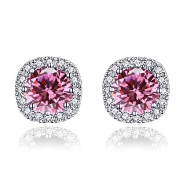 Paris Jewelry 14k White Gold 3 Ct Round Created Pink Sapphire CZ Halo Stud Earrings Plated Image 1
