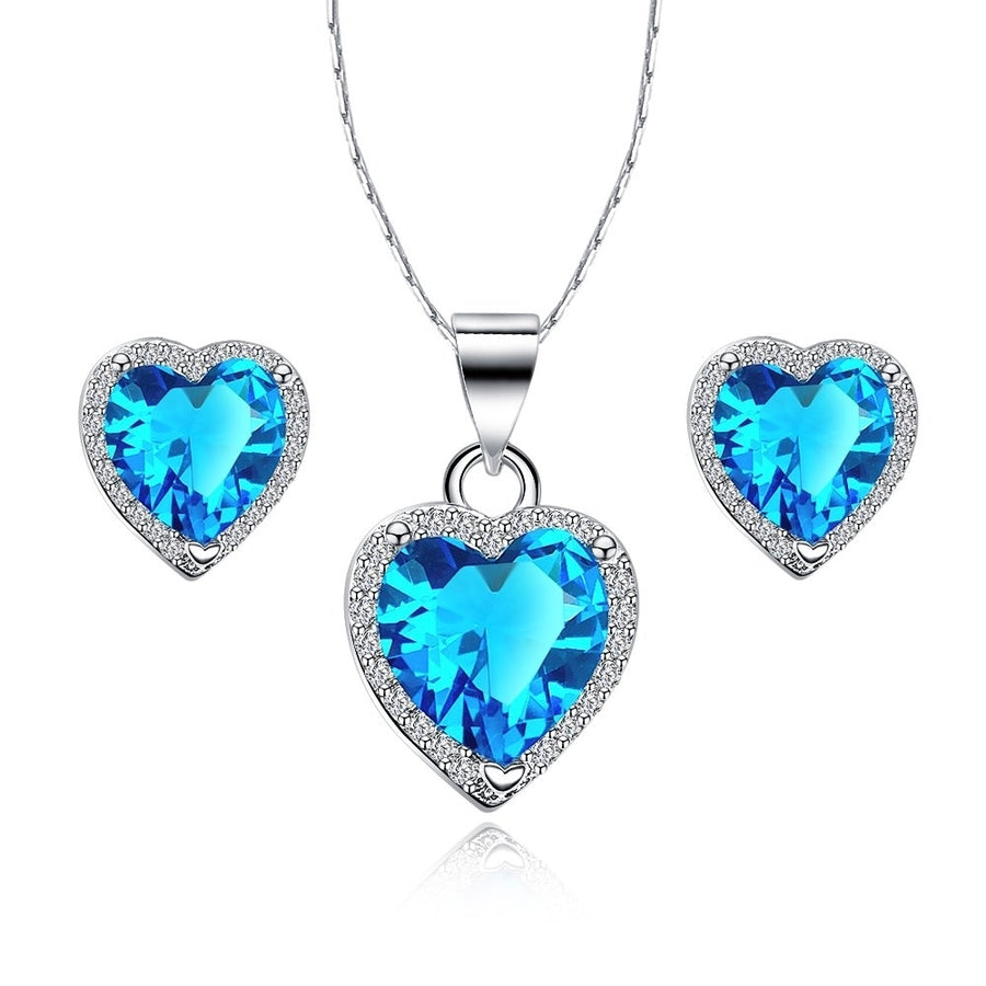 Paris Jewelry 18k White Gold Plated Heart 1/2 Carat Created Topaz CZ Full Set Necklace 18 inch Image 1