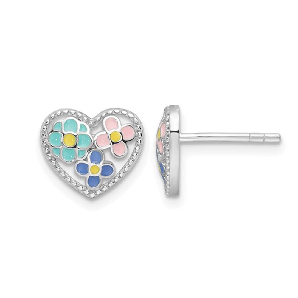 Sterling Silver Beaded Multi-color Enameled Floral Heart Childrens Post Earrings Image 1