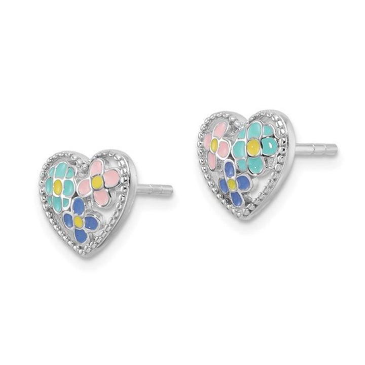 Sterling Silver Beaded Multi-color Enameled Floral Heart Childrens Post Earrings Image 3