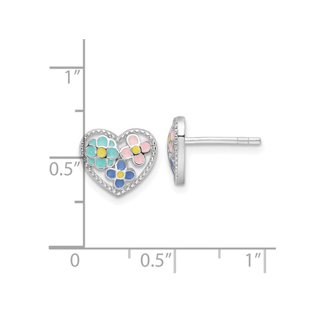 Sterling Silver Beaded Multi-color Enameled Floral Heart Childrens Post Earrings Image 4
