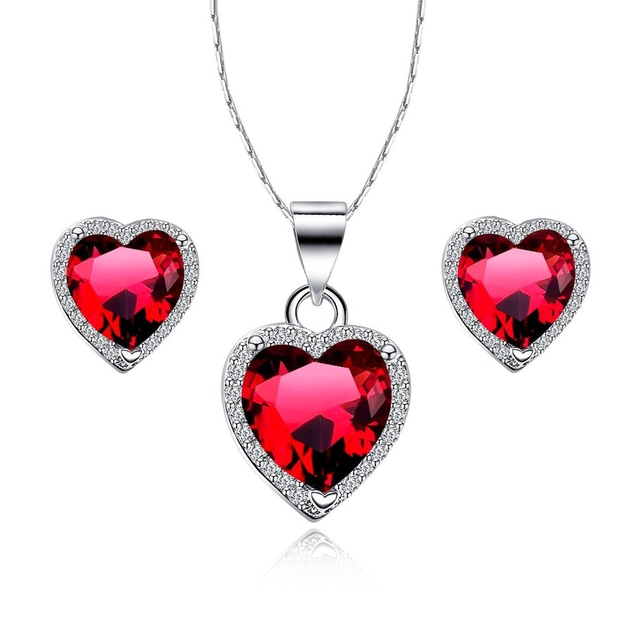 Paris Jewelry 18k White Gold Plated Heart 4 Carat Created Garnet CZ Full Set Necklace 18 inch Image 1