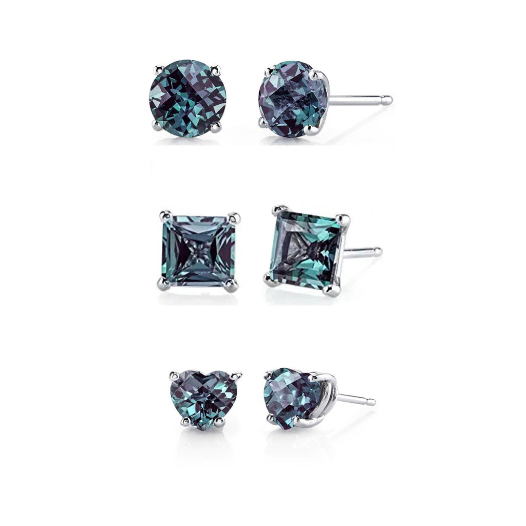 Paris Jewelry 18k White Gold 4Cttw Created Alexandrite CZ 3 Pair Round Square and Heart Stud Earrings Plated Image 1