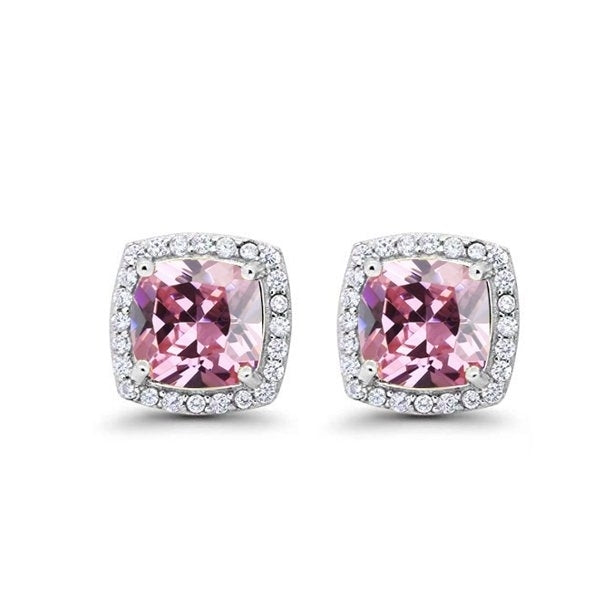Paris Jewelry 18k White Gold 2 Ct Created Halo Princess Cut Pink Sapphire CZ Stud Earrings Plated Image 1