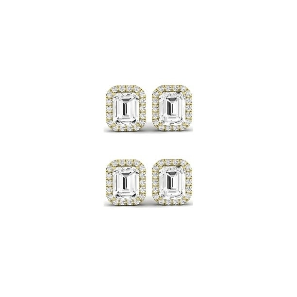 Paris jewelry 18k Yellow Gold 6mm 4Ct Emerald Cut Created White Sapphire CZ Set Of Two Halo Stud Earrings Plated Image 1