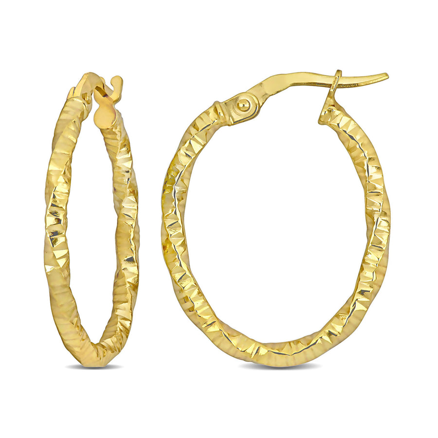 14K Yellow Gold Oval Twisted and Textured Hoop Earrings (24mm) Image 1