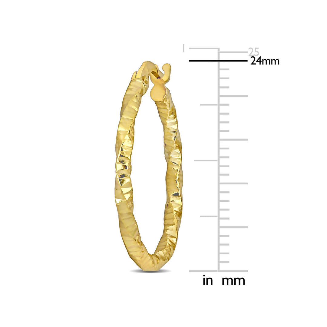 14K Yellow Gold Oval Twisted and Textured Hoop Earrings (24mm) Image 3
